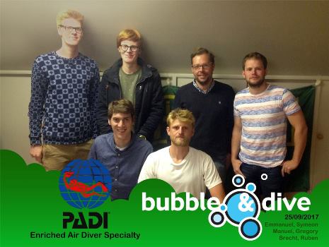 Proficiat Emmanuel, Symeon, Manuel, Gregory, Brecht en Ruben met het behalen van jullie Nitrox brevet in onze duikcenter in Gent!